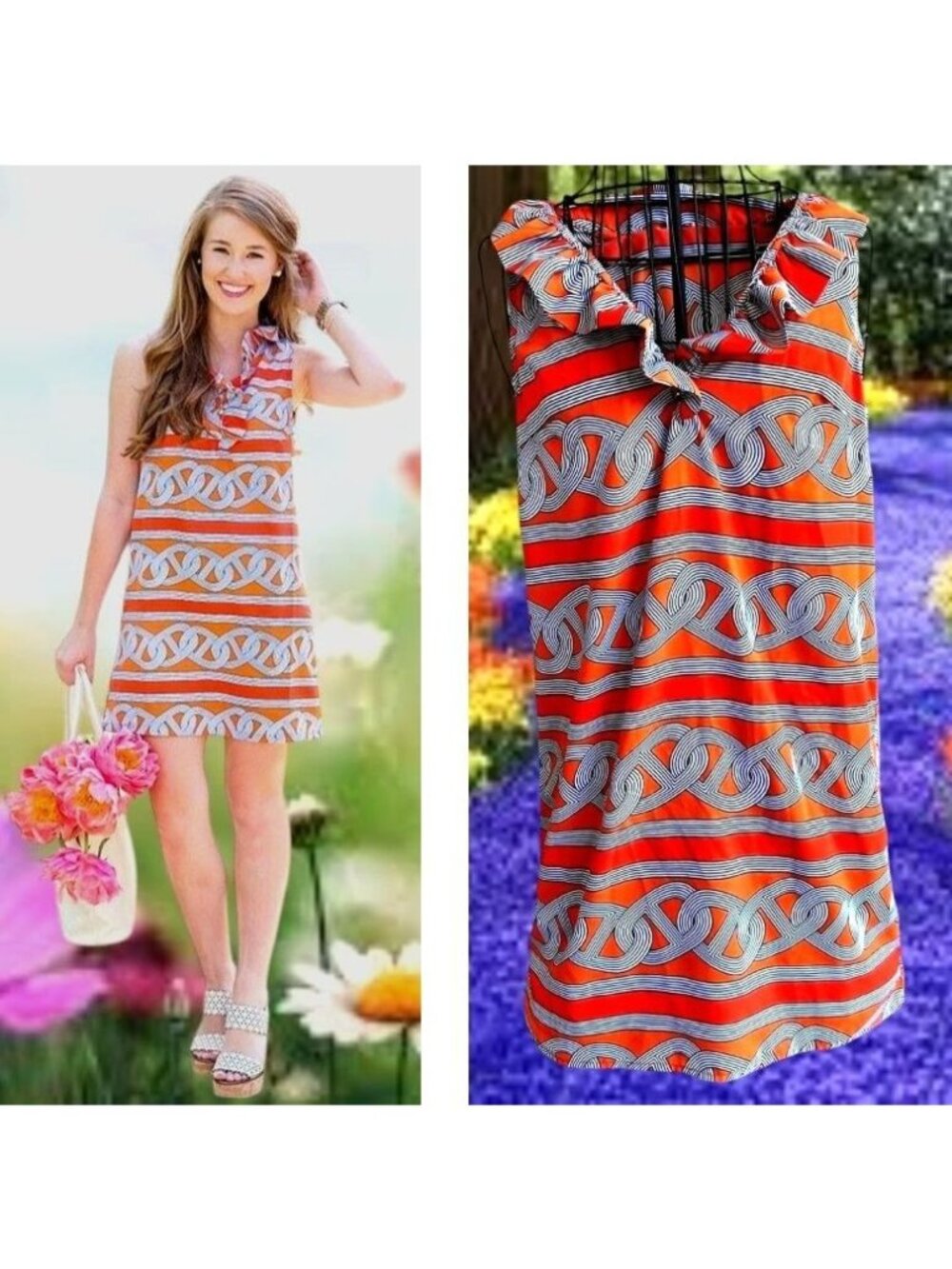 Mud Pie Sleeveless Dress Small 4 6 Orange Navy Abstract Designs Ruffled Neckline